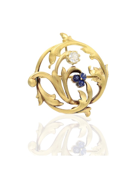 Art Nouveau European Diamond and Sapphire Brooch in Gold
