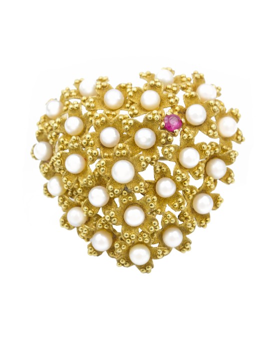 Tiffany & Co. Pearl and Ruby Flower Heart Pin in Yellow Gold