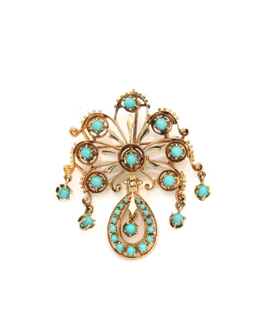 Handmade Turquoise Brooch Pendant in Gold