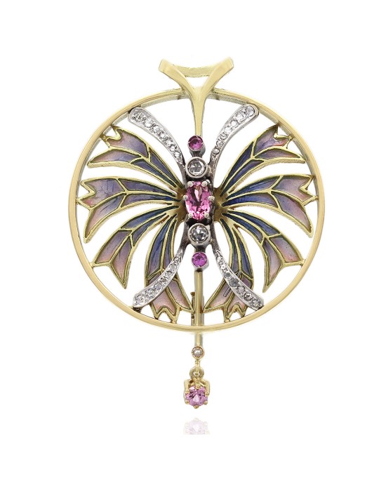 Pink Sapphire and Diamond Circular Brooch