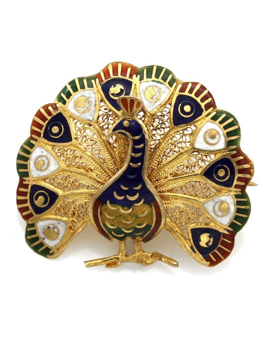 20K Multi Color Enamel Peacock Pin