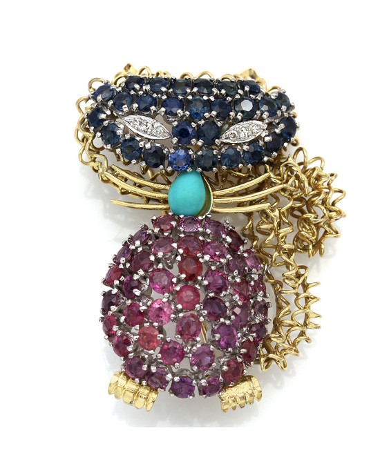 Vintage Ruby, Sapphire, Diamond and Turquoise Cat Brooch Pendant