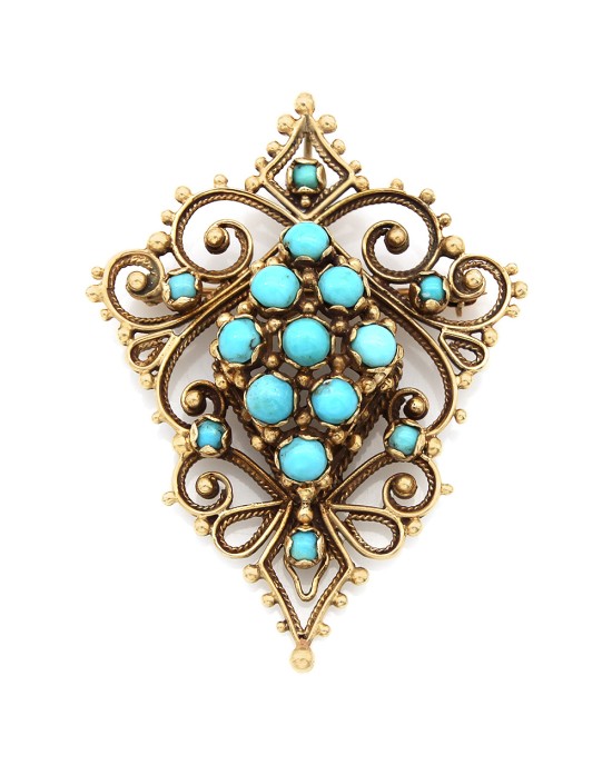 Turquoise Cabachon Diamond Shape Brooch/Pendant in Gold