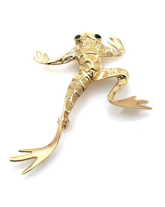 Frog Brooch with Emerald Eyes in Yellow Gold