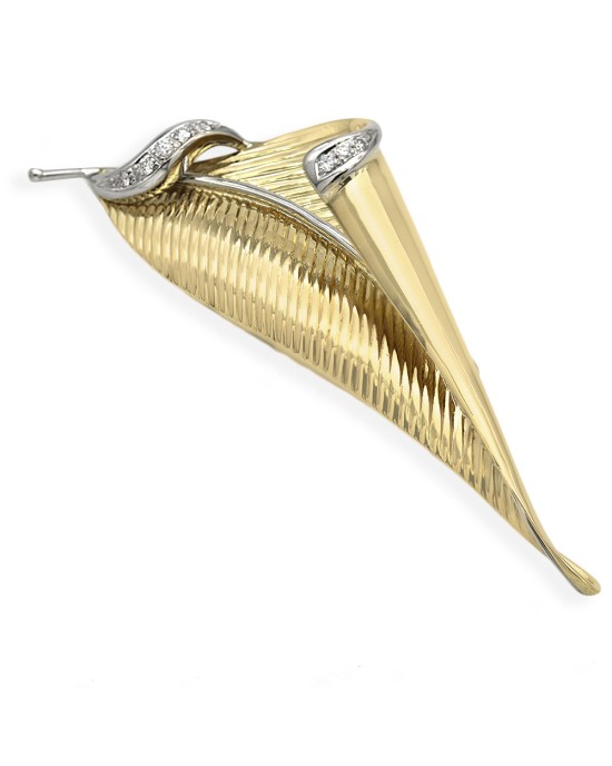 Fluted Curled Leaf Pin Brooch with Diamond Accent