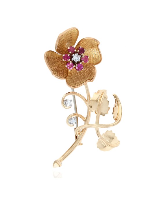 Ruby and Diamond Accent Flower Pin Brooch