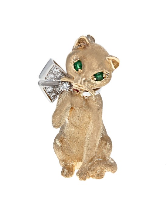 Cat with Diamond Bow Pin in White and Yellow Gold