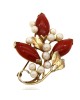 Red Coral and Pearl Floral Brooch Pin