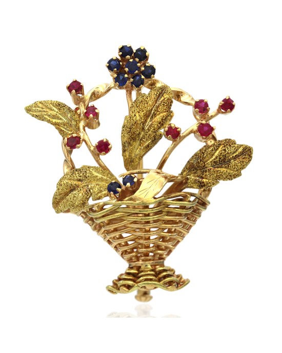 Synthetic Ruby and Synthetic Sapphire Flower Basket Pin