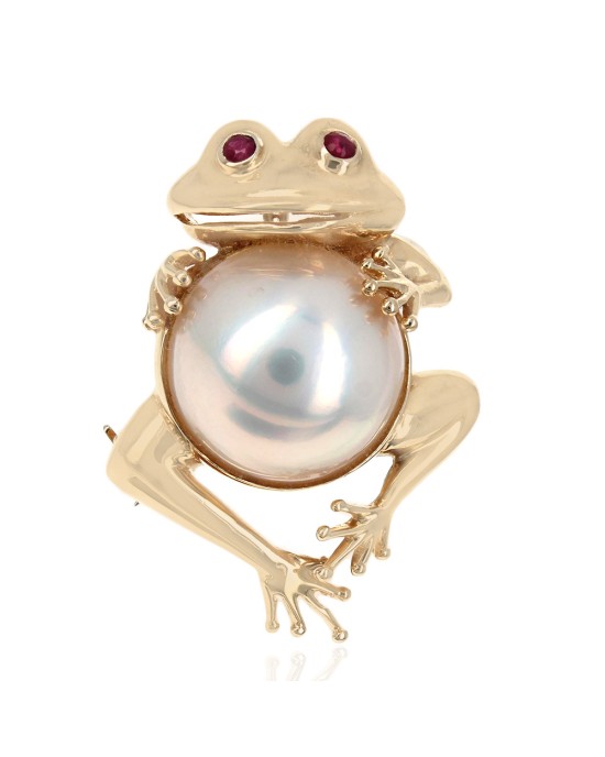 Mabe Pearl Frog Pin Pendant with Ruby Eyes