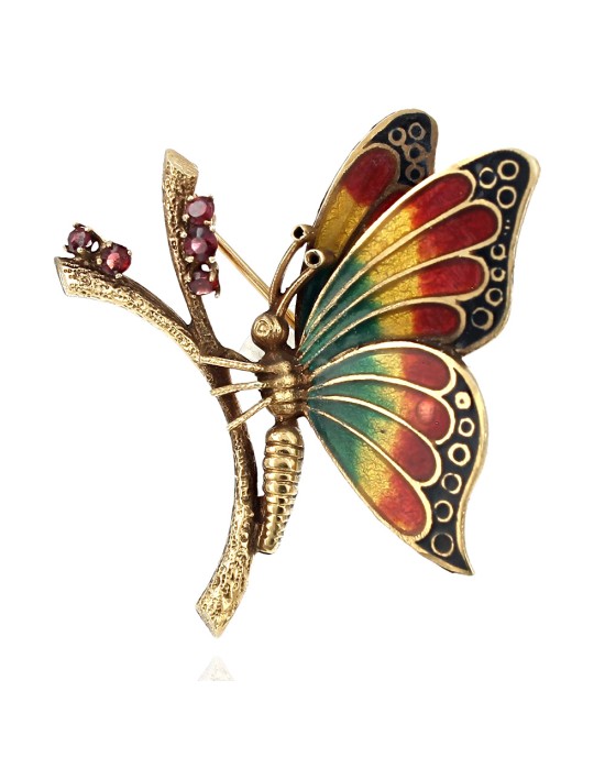 Vintage Enamel Butterfly on Garnet Stem Pin