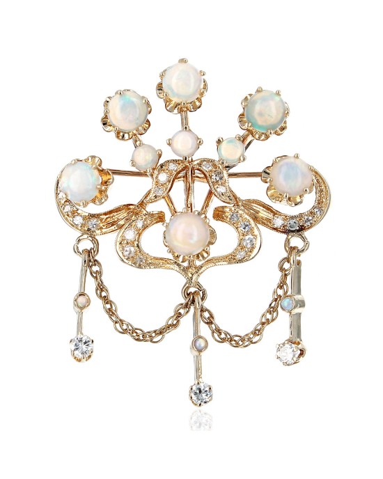 Opal and Diamond Chandelier Pin in Yellow Gold