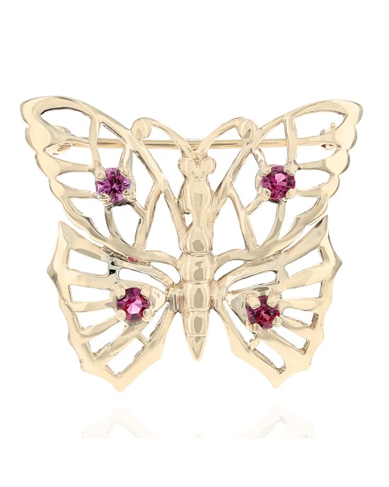 Synthetic Ruby Open Cut Butterfly Pin in Yellow Gold