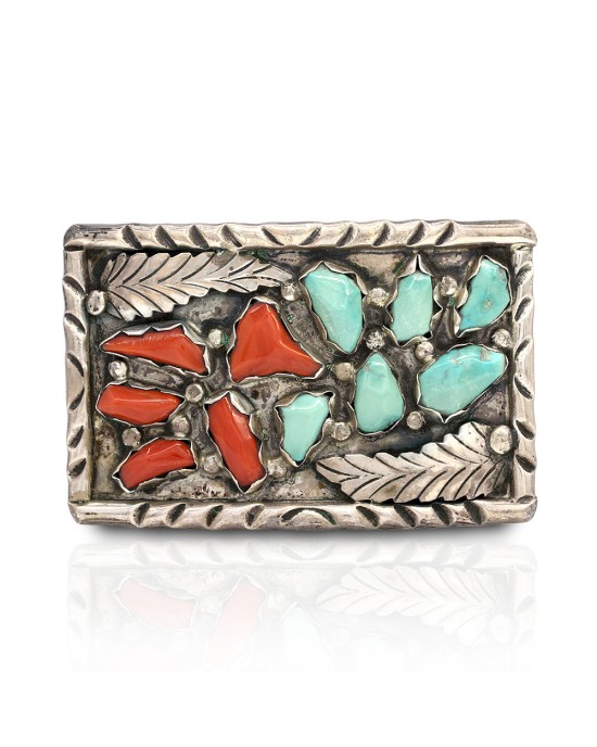 Vintage ANGIE CALAVAZA Zuni Handmade Sterling Silver Turquoise Coral Belt Buckle