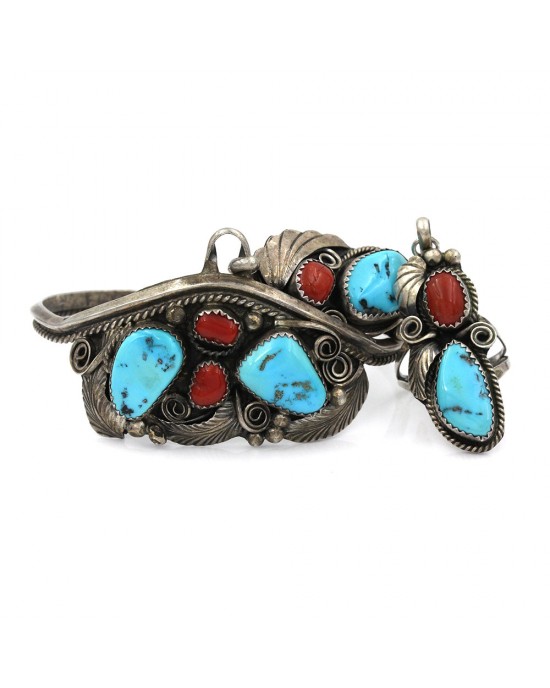 JUSTIN MORRIS Navajo Handmade 925 Sterling Silver Turquoise Coral Slave  Bracelet