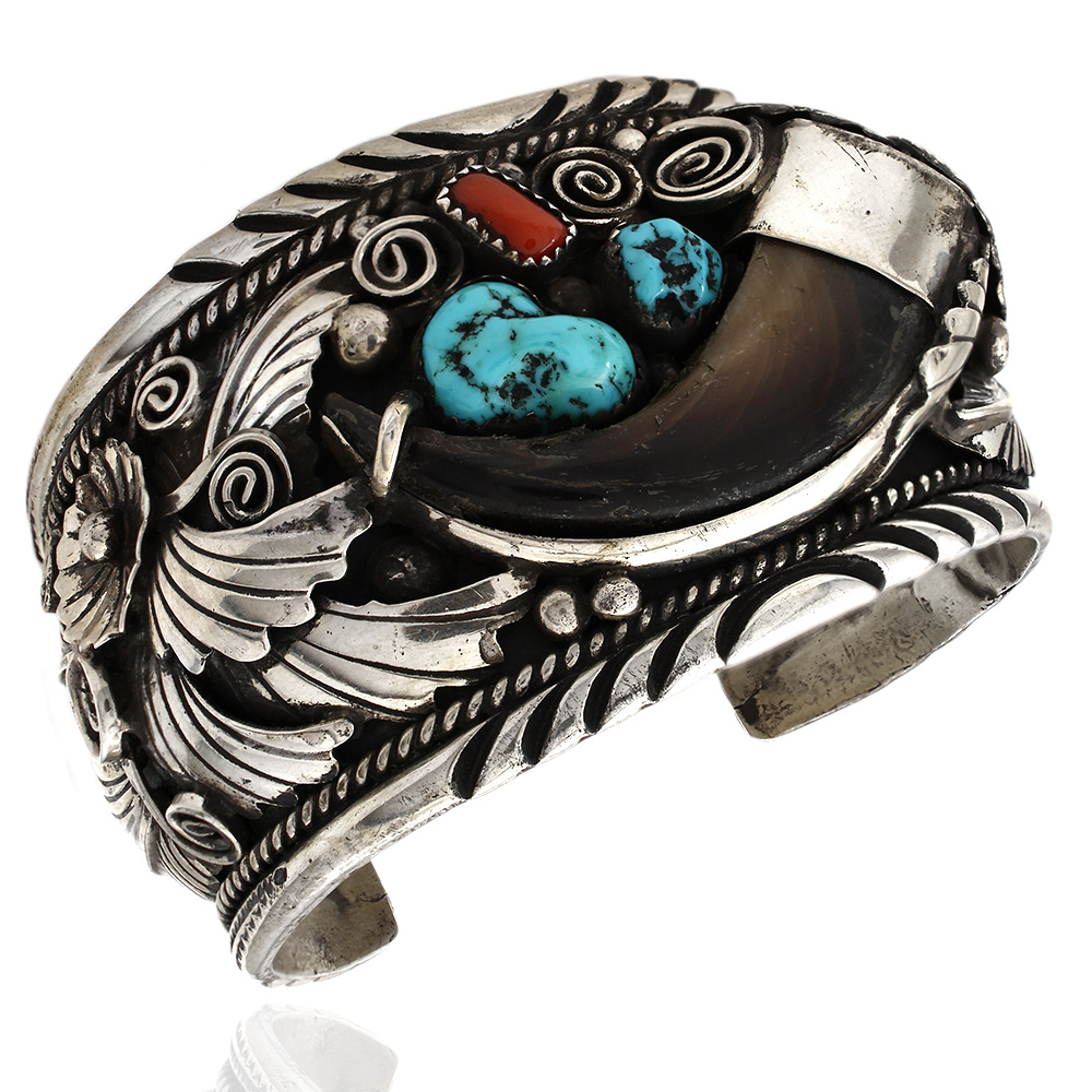 Sterling Silver Navajo Turquoise or Coral Stone Bear Paw Baby Cuff Bracelet 