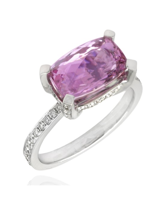 Pink Topaz Cushion and Diamond Pave Ring in White Gold