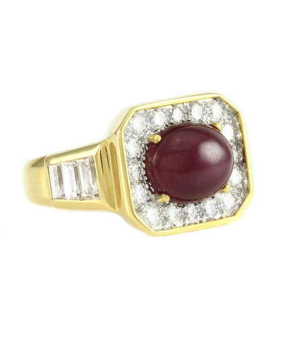 Custom Ruby Cabochon & Pave Diamond Halo Ring in 18K Gold