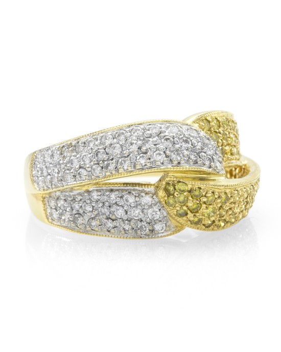 Pave Diamond Crossover Ring w/ White & Yellow Diamonds in 18K Yellow Gold