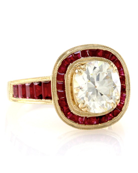 2.25ct Old European Cut Diamond Engagement Ring w/ Rubies in 18K Yellow Gold