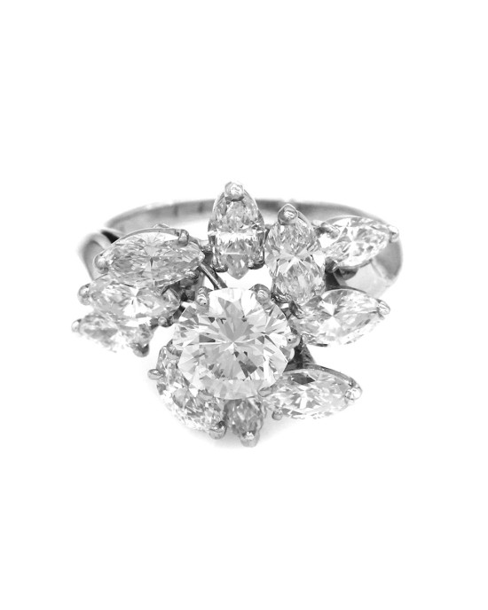 Platinum Marquise Diamond Fashion Ring with Round Diamond Center