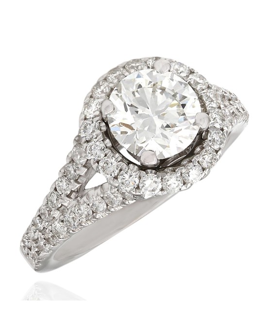 GIA Certified Round Brilliant Cut Diamond Halo Solitaire Ring in 14KW