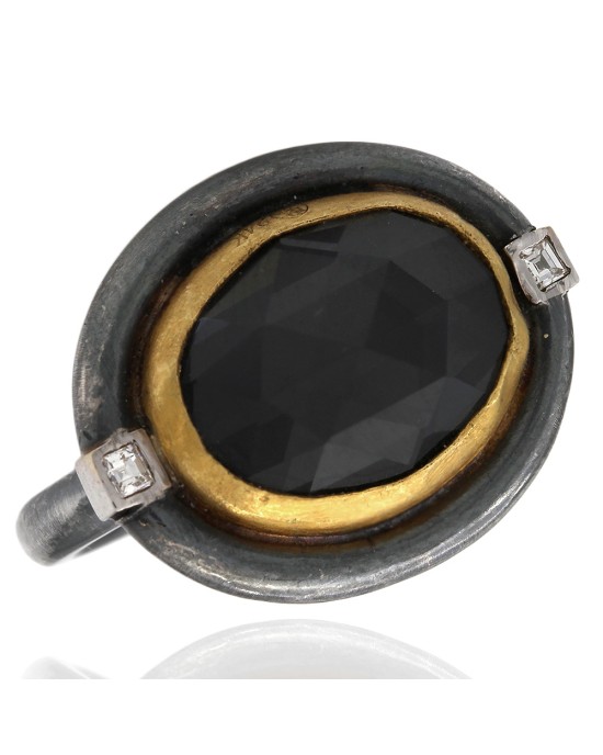 Lika Behar Oval Hematite Ring in Oxidized Silver and 18k Yellow Gold