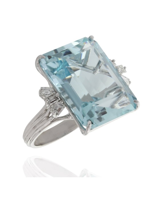 Emerald Cut Aquamarine and Baguette Diamond Ring