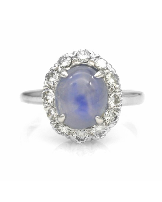 Blue Gray Star Sapphire and Diamond Halo Ring