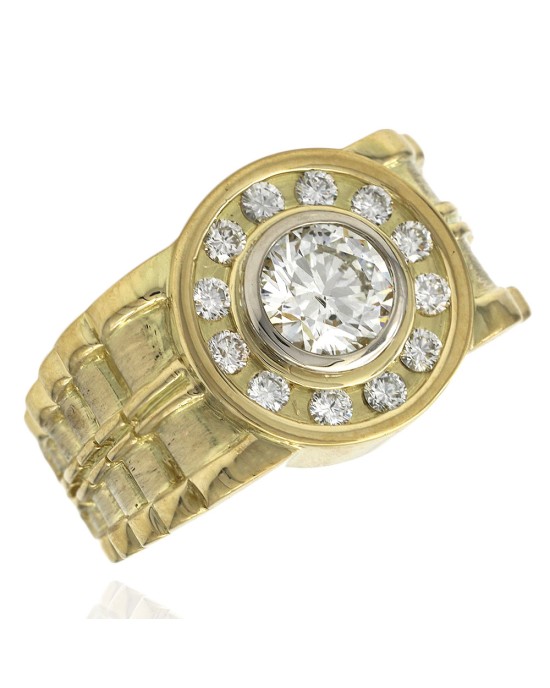 Round Brilliant Cut Diamond Rolex Style Gents Ring in 18KY