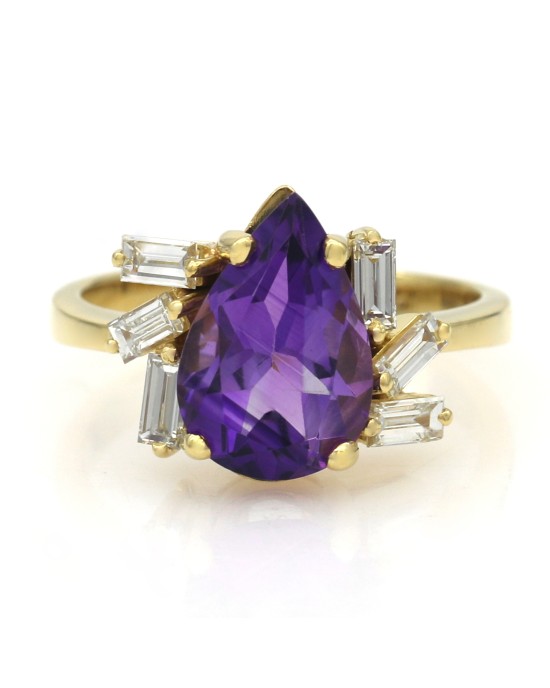 Pear Shape Amethyst and Baguette Diamond Ring