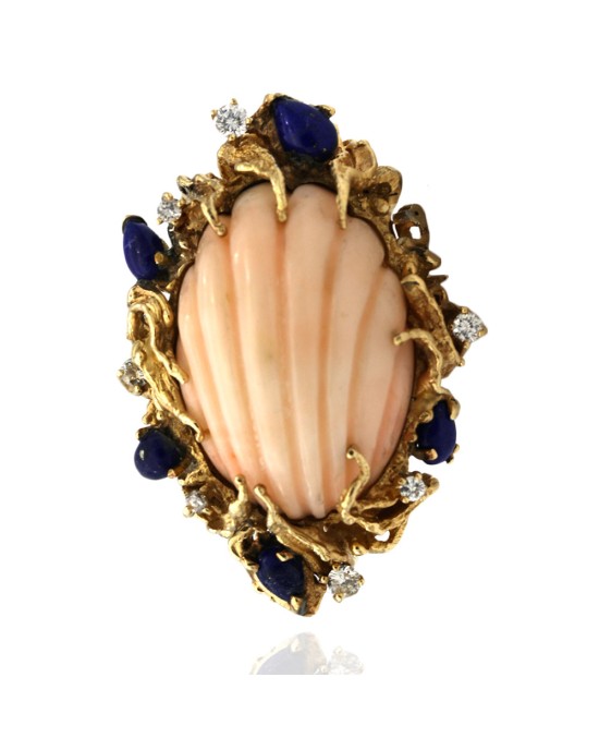 Pink Coral, Lapis and Diamnd Free Form Ring