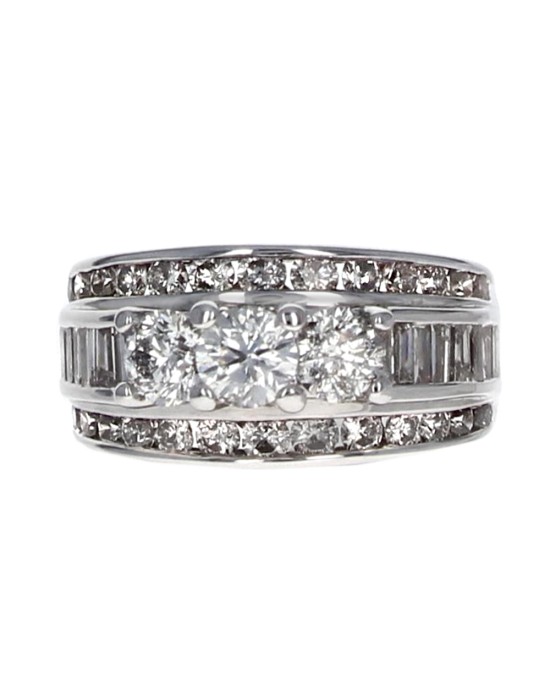 3 Row Round and Baguette Diamond Wedding Ring