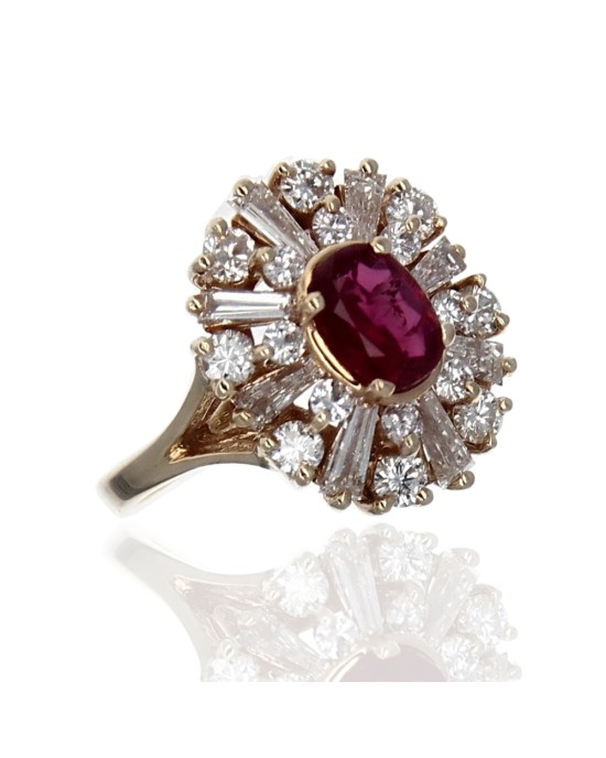 Ruby and Alternating Baguette and Diamond Ring