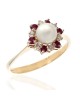 Pearl, Ruby and Diamond Halo Ring in Yellow Gold