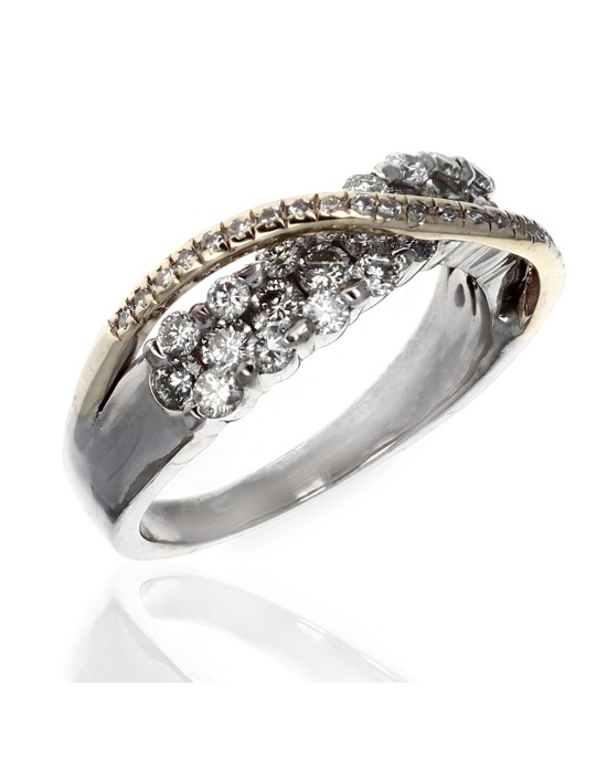 Crossover Pave Diamond Ring in White and Yellow Gold
