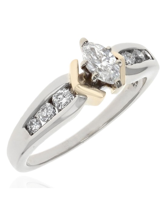 Marquise and Round Diamond Accent Ring in White and Yellow Gold