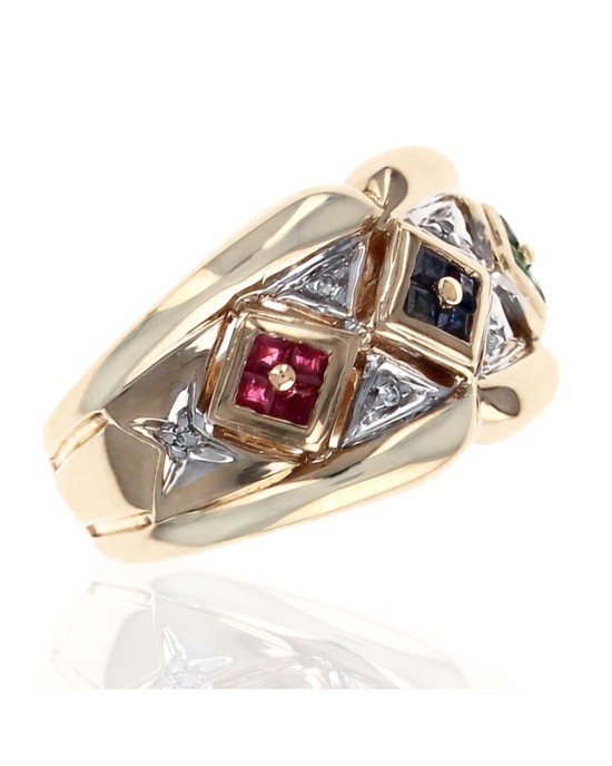 Ruby, Sapphire, Emerald, and Diamond Ring in White and Yellow Gold