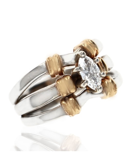 Maquise Diamond 3 Row Split Shank Fluted Accent Ring in White and Yellow Gold