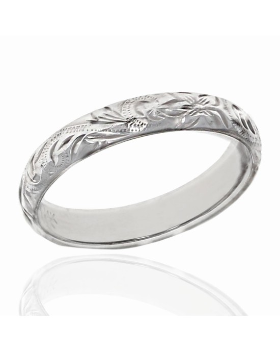 Etched Floral Motif Band in White Gold