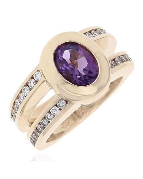 Gauthier Amethyst and Diamond Split Shank Ring in Yellow Gold