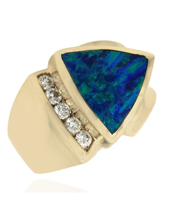 Trillion Cut Black Opal and Diamond Accent Ring in Yellow Gold