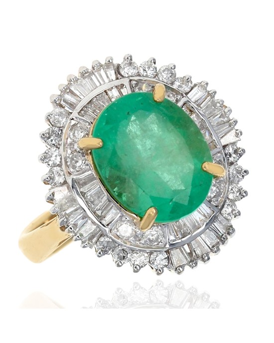 Emerald and Double Halo Diamond Ring in Gold