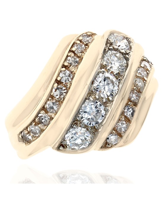 3 Row Diamond Bypass Ring in Yellow Gold