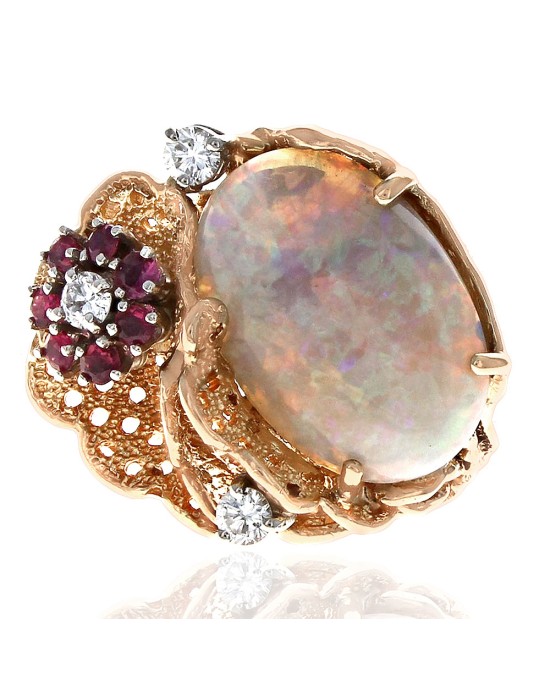 Opal, Ruby, and Diamond Fashion Ring in White and Yellow Gold