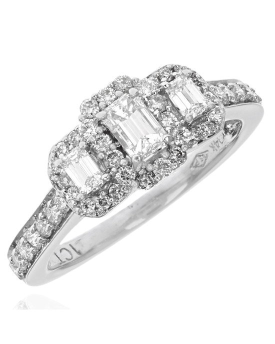 Emerald Cut and Round Diamond Halo Engagement Ring
