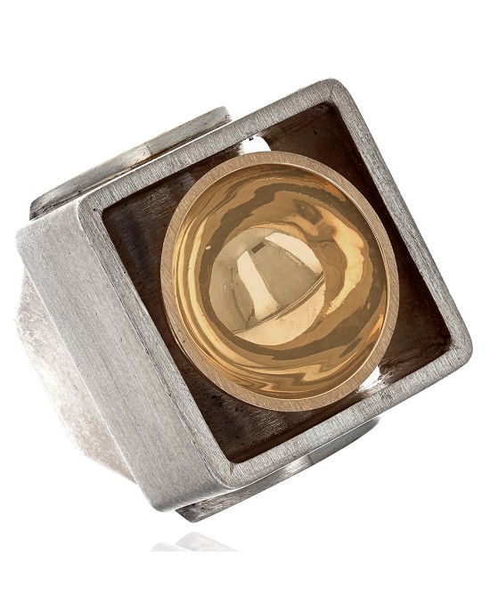 Square Modernist Ring with Bowl Center in Silver and Gold