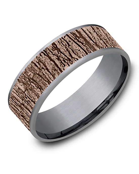 Gentlemen's Tree Bark Pattern Comfort Fit Band in Tantalum and Rose Gold