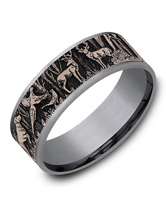 Gentlemen's Forest Scene Comfort Fit Band in Tantalum and Yellow Gold