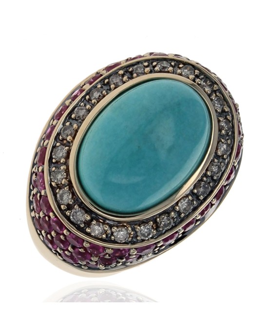 LeVian Turquoise, Ruby, and Diamond Halo Ring in Yellow Gold
